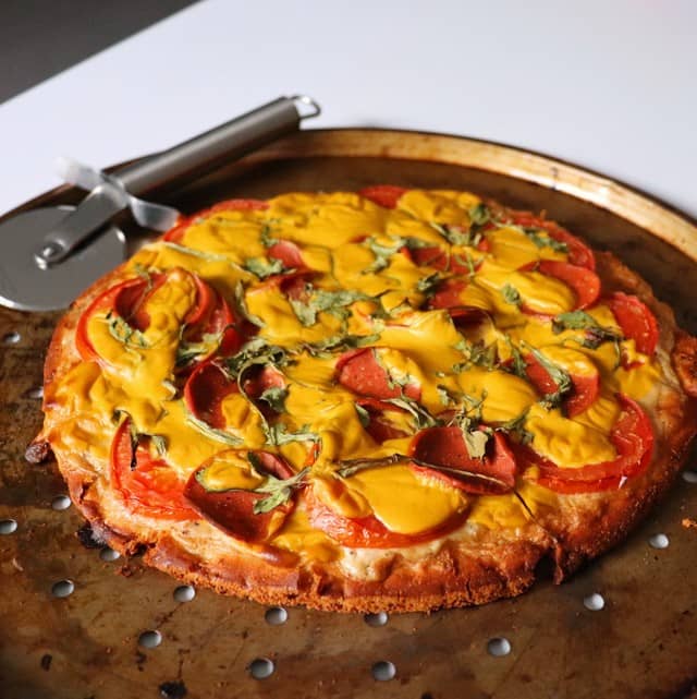 Vegan Cheesy Pepperoni Pizza