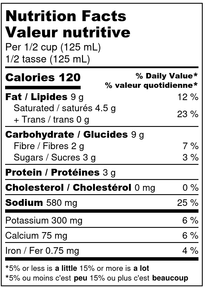 Nutrition Facts Valeur nutritive Per 1/2 cup (125 mL) 1/2 tasse (125 mL)  Calories 120  % Daily Value % valeur quotidienne  Potassium 300 mg 6 % Calcium 75 mg 6 % Iron / Fer 0.75 mg 4 %  Fat / Lipides 9 g Saturated / saturés 4.5 g + Trans / trans 0 g Carbohydrate / Glucides 9 g Fibre / Fibres 2 g Sugars / Sucres 3 g Protein / Protéines 3 g Cholesterol / Cholestérol 0 mg Sodium 580 mg 5% or less is a little 15% or more is a lot 5% ou moins c'est peu 15% ou plus c'est beaucoup